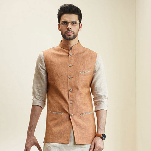 Elegant Nehru Jacket with Linen Pocket Square and Wolf Pin